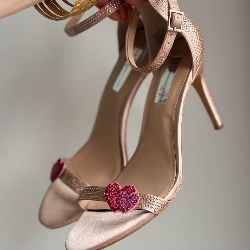 INC International Concepts Rose Gold Ankle Strap Heels with Pink Heart Gems